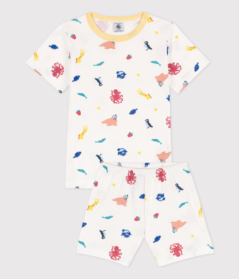 Pijama corto fosforescente de algod&oacute;n para ni&ntilde;o/ni&ntilde;a blanco/multicolor