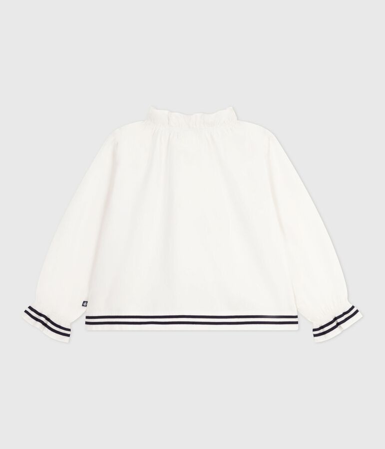 Blusa infantil lisa de manga larga de popelina de algod&oacute;n blanco