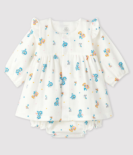 Vestido de flores de manga larga con braguita para bebé niña de tejido de pañal blanco MARSHMALLOW/blanco MULTICO