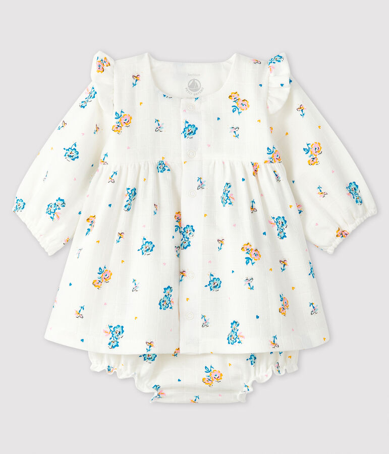 Vestido de flores de manga larga con braguita para beb&eacute; ni&ntilde;a de tejido de pa&ntilde;al blanco/multicolor