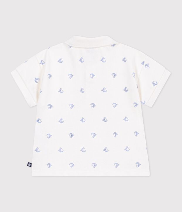 Polo de algod&oacute;n de manga corta con estampado de barcos vintage para beb&eacute; blanco/azul