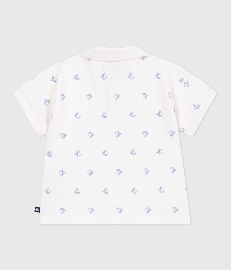 Polo de algod&oacute;n de manga corta con estampado de barcos vintage para beb&eacute; blanco/azul