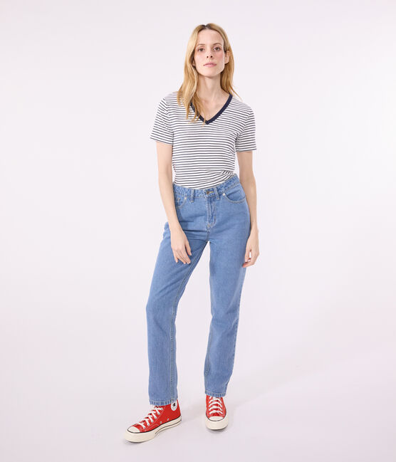 Camiseta La Icónica de algodón a rayas con cuello de pico para mujer blanco MARSHMALLOW/azul SMOKING