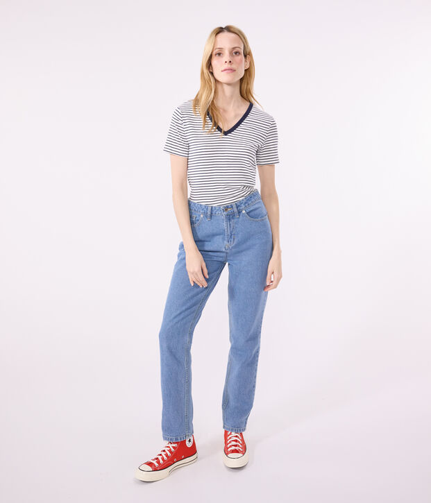 Camiseta La Ic&oacute;nica de algod&oacute;n a rayas con cuello de pico para mujer blanco/azul