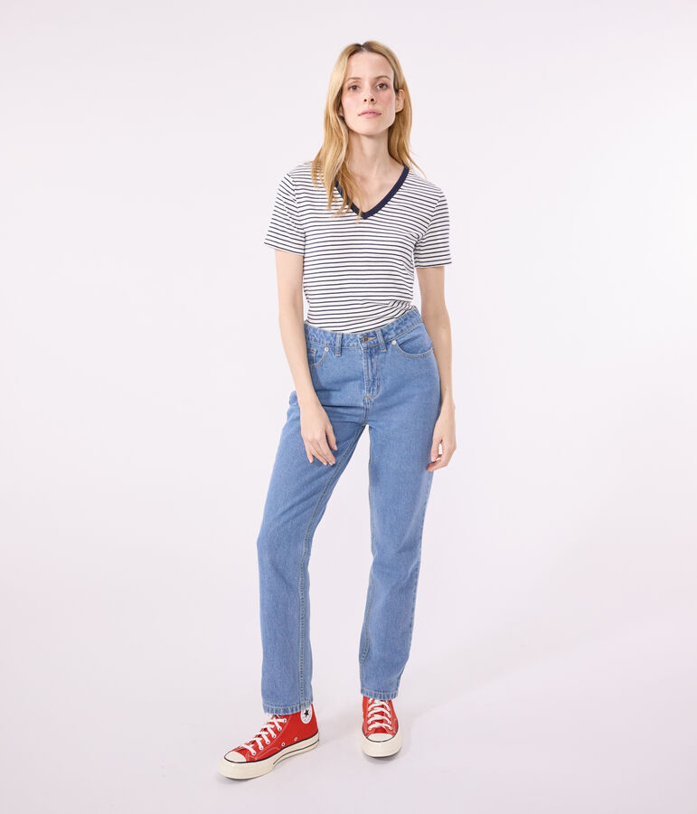 Camiseta La Ic&oacute;nica de algod&oacute;n a rayas con cuello de pico para mujer blanco/azul