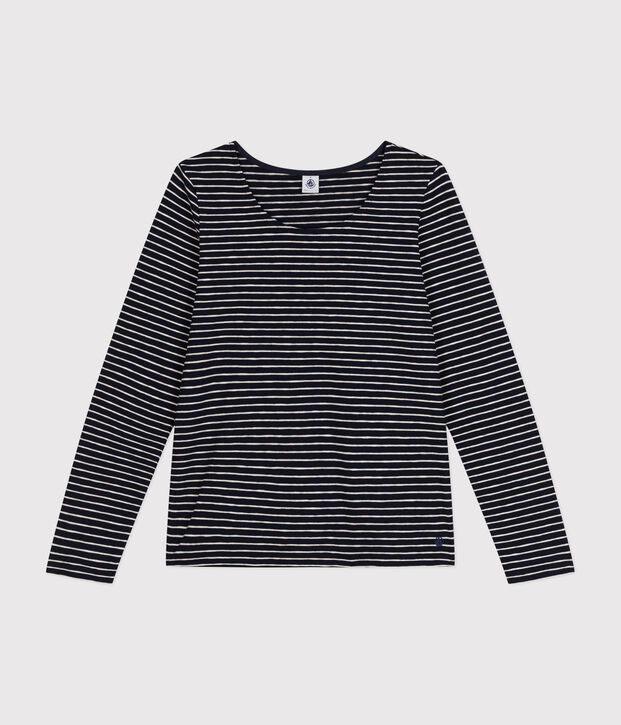 Camiseta Recta de manga larga de punto flameado con cuello de bailarina para mujer azul/beige