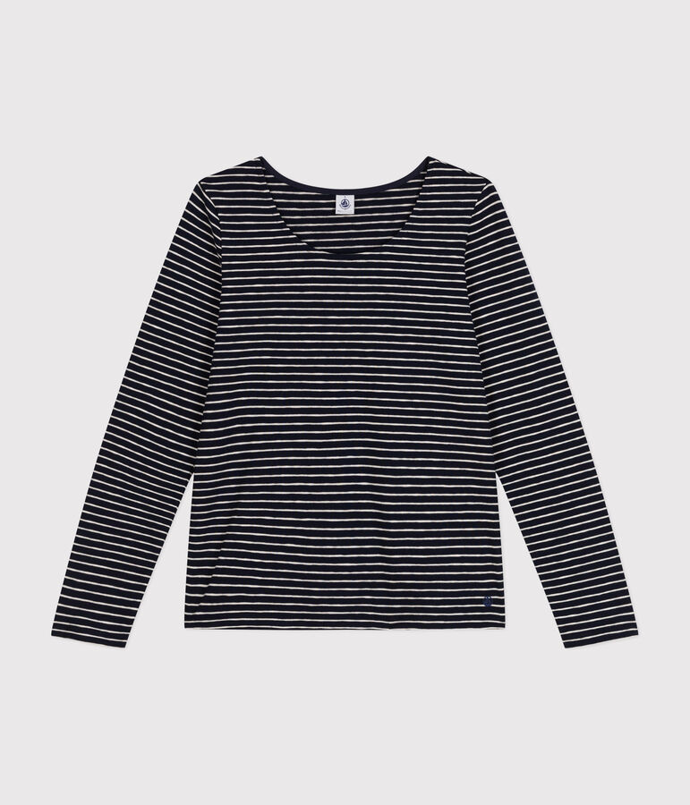 Camiseta Recta de manga larga de punto flameado con cuello de bailarina para mujer azul/beige