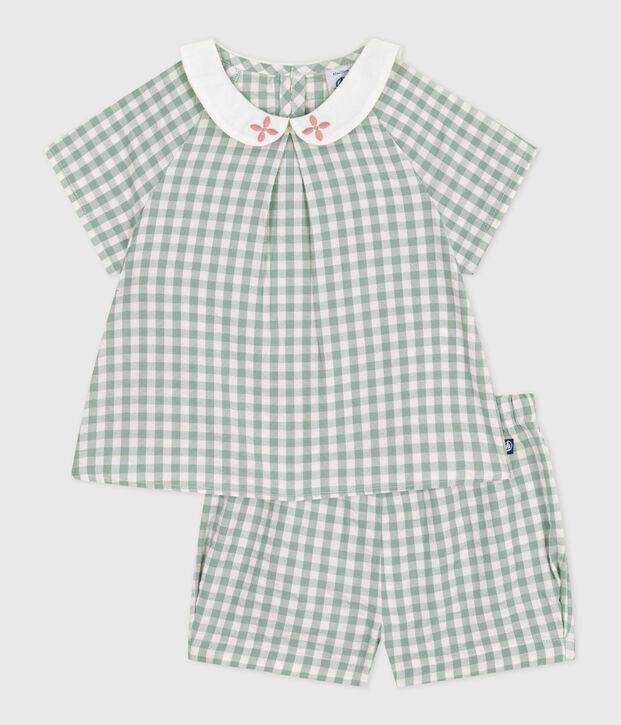 Conjunto de dos piezas de algod&oacute;n, con blusa y short vichy, para beb&eacute; verde/blanco