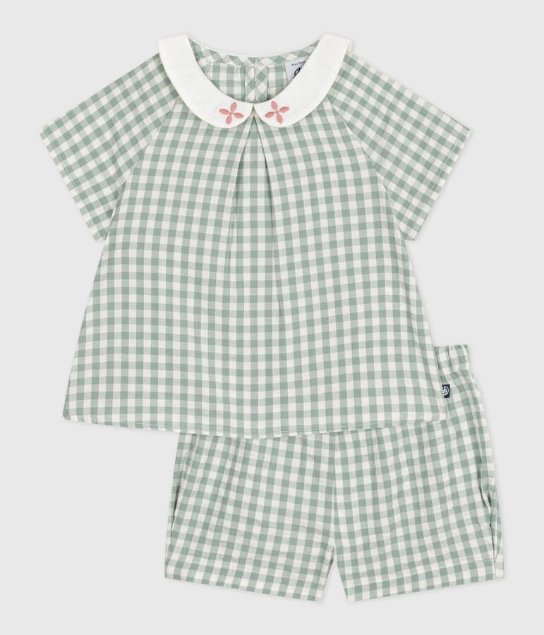 Conjunto de dos piezas de algod&oacute;n, con blusa y short vichy, para beb&eacute; verde/blanco