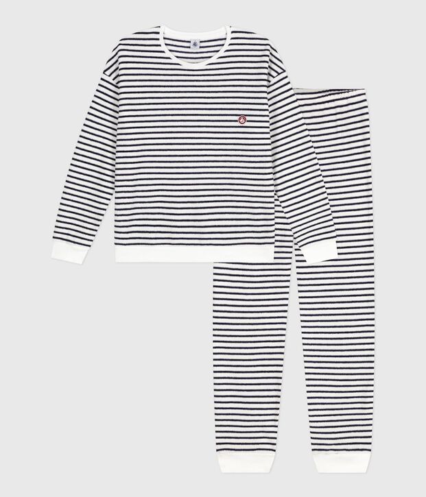 Pijama de rizo de algod&oacute;n a rayas para mujer azul/azul