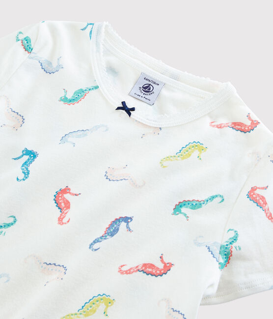 Pijama corto con estampado de caballitos de mar de algodón de niña blanco MARSHMALLOW/blanco MULTICO