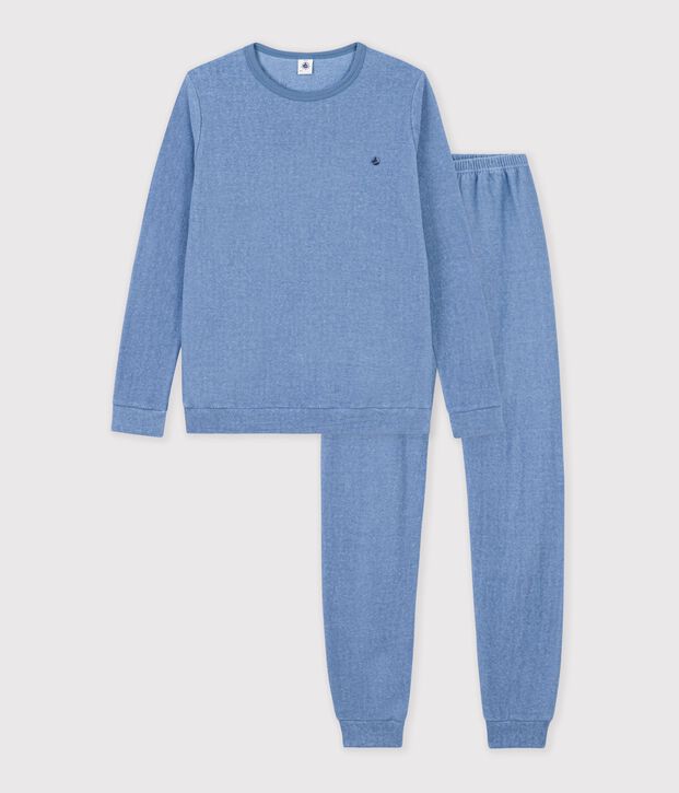 Pijama infantil liso de rizo de algod&oacute;n azul