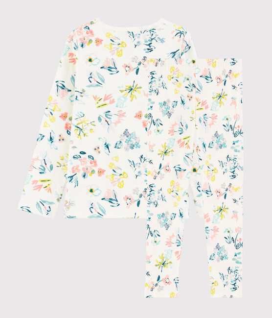 Pijama de flores primaverales de niña de tejido tubular blanco MARSHMALLOW/blanco MULTICO