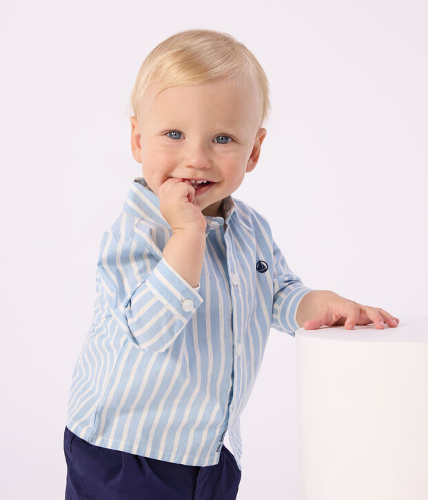 Camisa a rayas de algod&oacute;n de manga larga para beb&eacute; azul/blanco