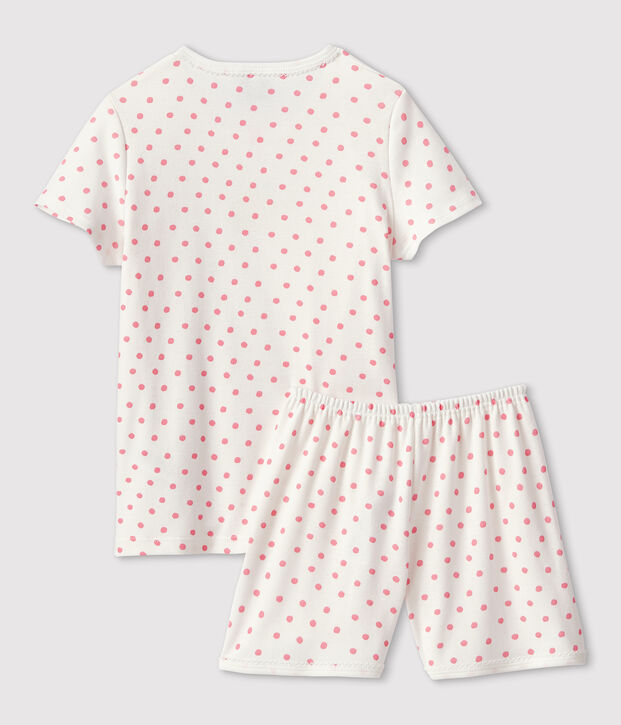 Pijama corto de lunares rosas de ni&ntilde;a de algod&oacute;n blanco/rosa