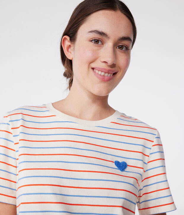 Camiseta Recta de algod&oacute;n a rayas para mujer crudo/multicolor