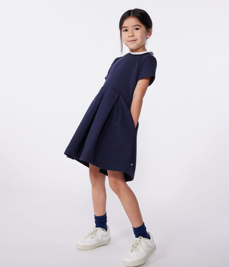 Vestido infantil liso de algod&oacute;n de manga corta azul