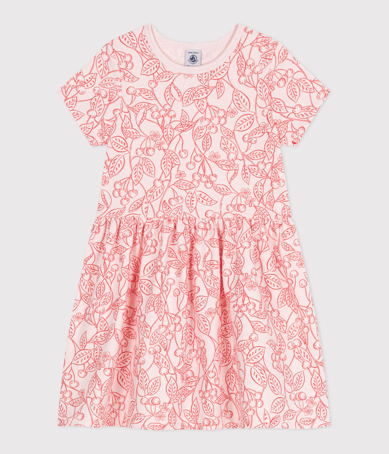 Vestido infantil de algod&oacute;n estampado de manga corta rosa/rojo