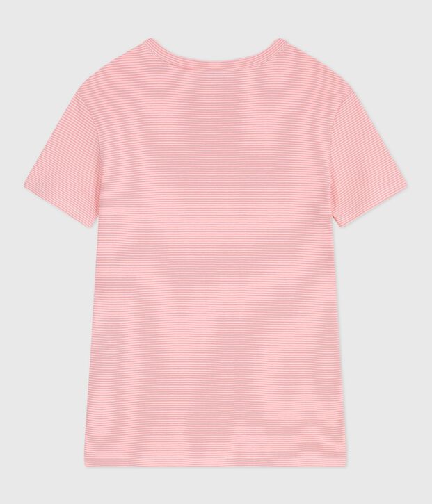 Camiseta de algod&oacute;n de manga corta a rayas para mujer rosa/blanco