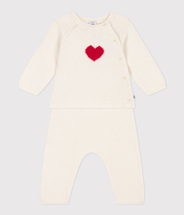 Conjunto de punto de lana y algod&oacute;n con motivo de coraz&oacute;n para beb&eacute; blanco/rojo