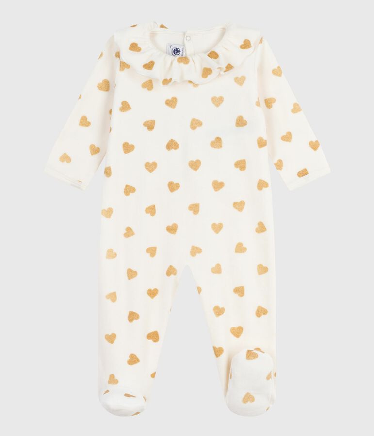 Pijama de beb&eacute; en terciopelo con abertura en la espalda y estampado de corazones de lentejuelas. crudo/amarillo