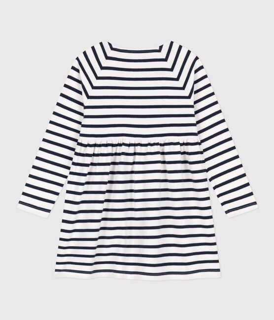 Vestido de manga larga de algodón grueso a rayas de niña blanco MARSHMALLOW/azul SMOKING
