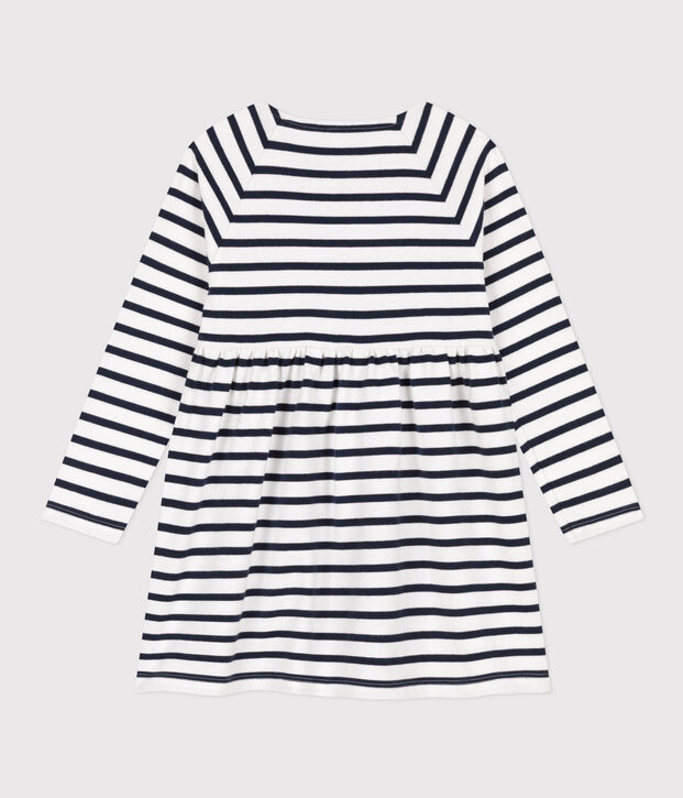 Vestido de manga larga de algod&oacute;n grueso a rayas de ni&ntilde;a blanco/azul