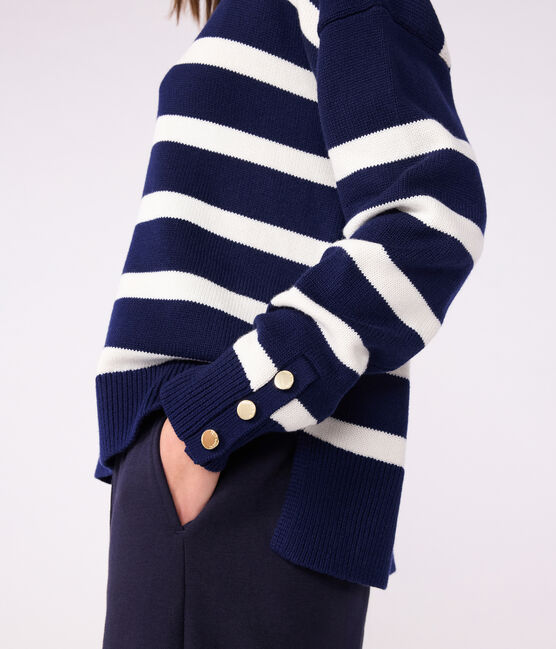 Jersey de cuello alto de lana y algodón a rayas para mujer azul SOIR/ MARSHMALLOW
