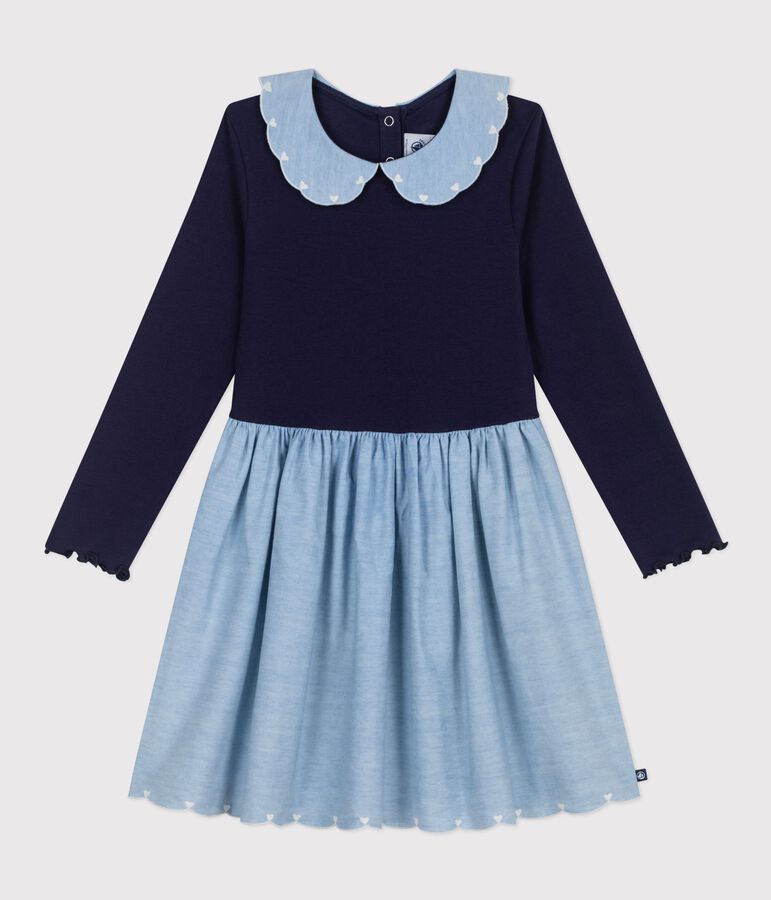 Vestido infantil de manga larga de dos materiales con algod&oacute;n azul
