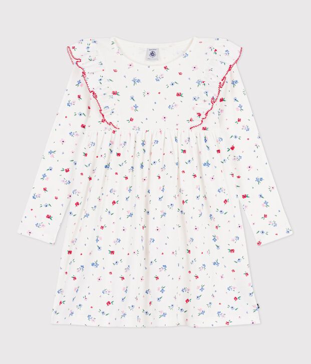 Vestido infantil de algod&oacute;n de manga larga con estampado de flores blanco/multicolor