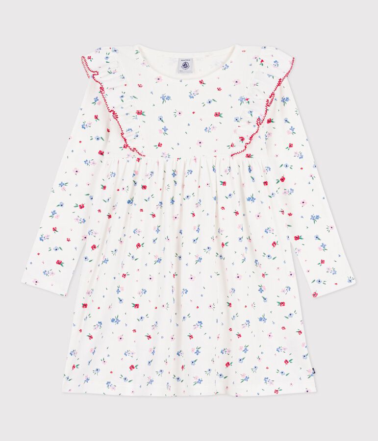 Vestido infantil de algod&oacute;n de manga larga con estampado de flores blanco/multicolor