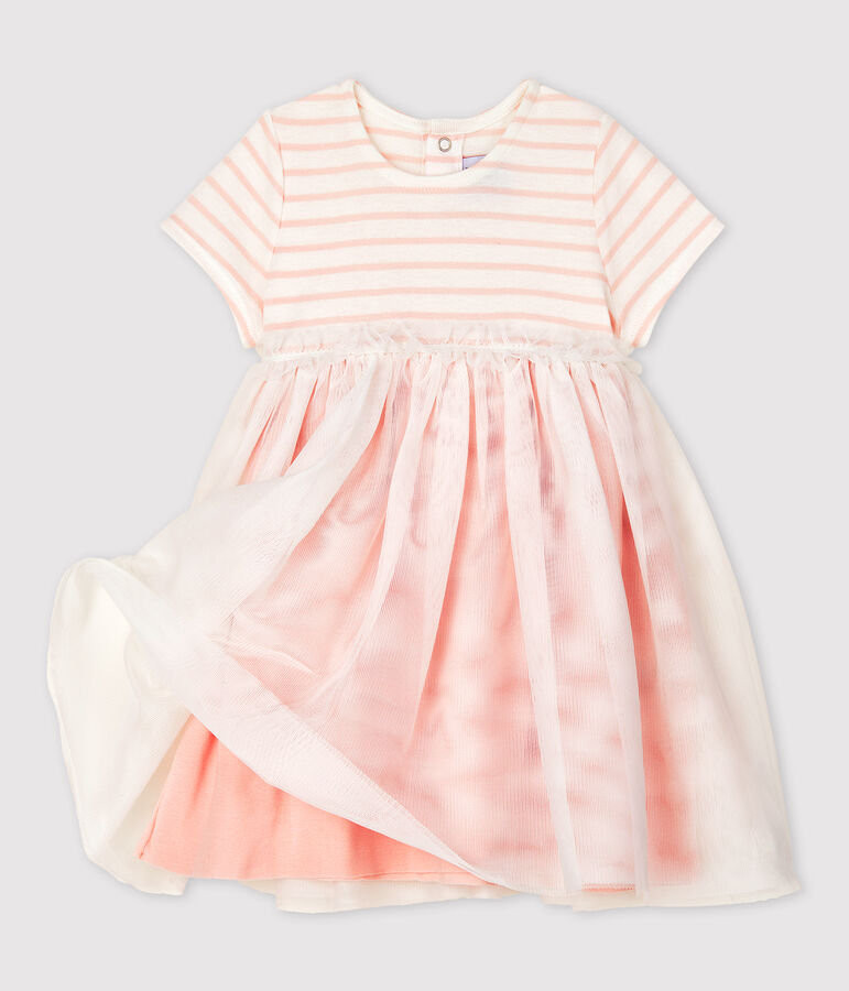 Vestido de dos materiales de manga corta de beb&eacute; ni&ntilde;a blanco/rosa