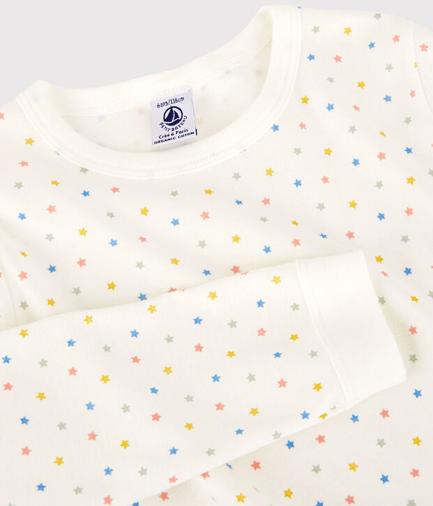 Pijama de algod&oacute;n org&aacute;nico con estrellas multicolores para ni&ntilde;o/ni&ntilde;a blanco/multicolor