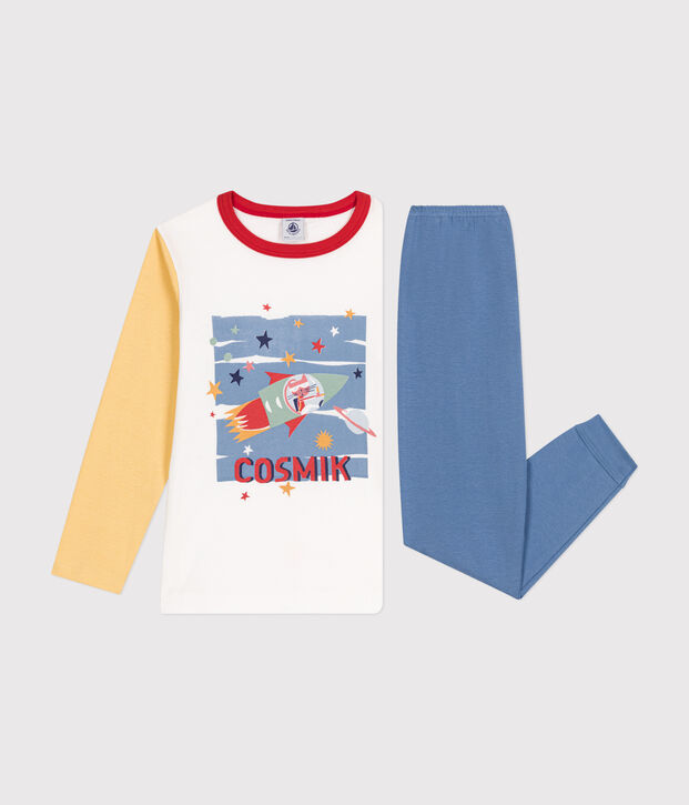 Pijama infantil liso de algod&oacute;n con motivo espacial azul/multicolor