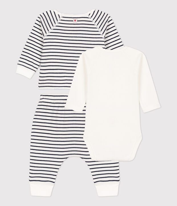 Conjunto ic&oacute;nico de 3 piezas de tejido t&uacute;bico ecol&oacute;gico para beb&eacute; blanco/azul