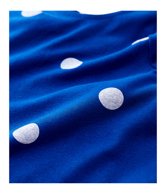 Vestido de manga corta de algodón y lino de niña azul SURF/blanco MARSHMALLOW