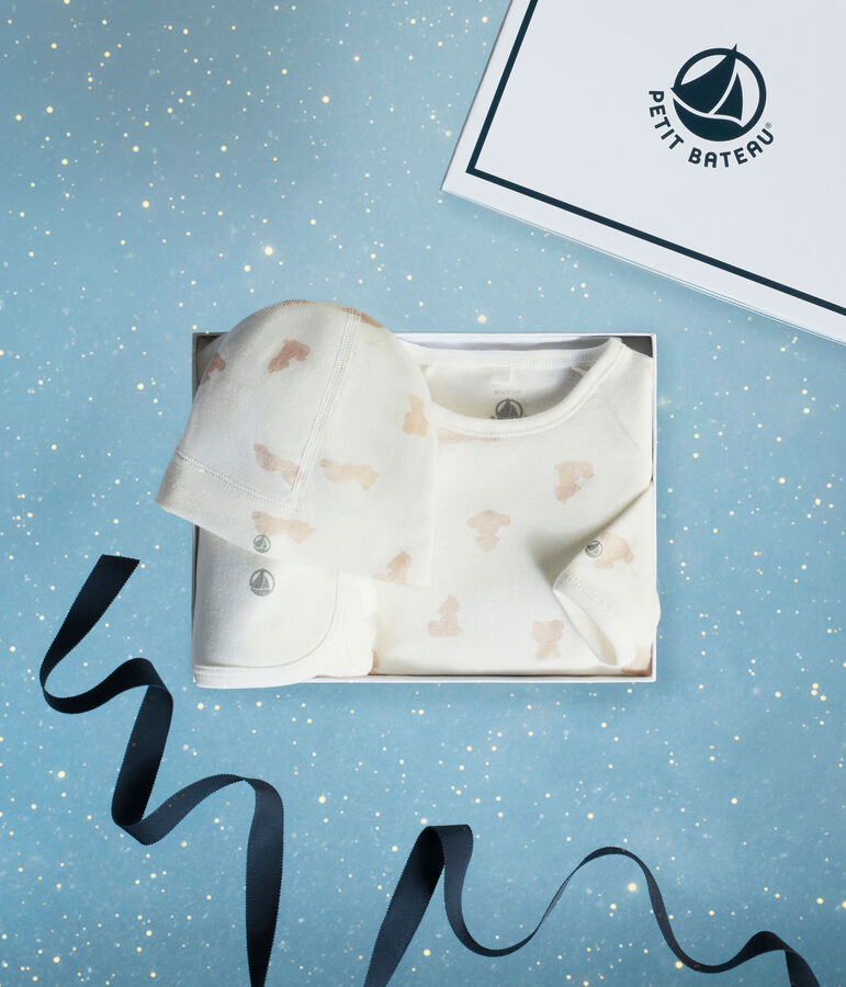 Estuche regalo para beb&eacute; de algod&oacute;n estampado blanco/BRUN