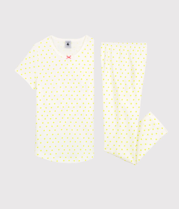Pijama de lunares amarillos de algod&oacute;n de ni&ntilde;a blanco/amarillo