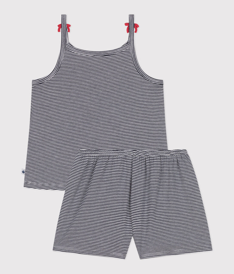 Pijama corto infantil de algod&oacute;n de tirantes a rayas azul/blanco