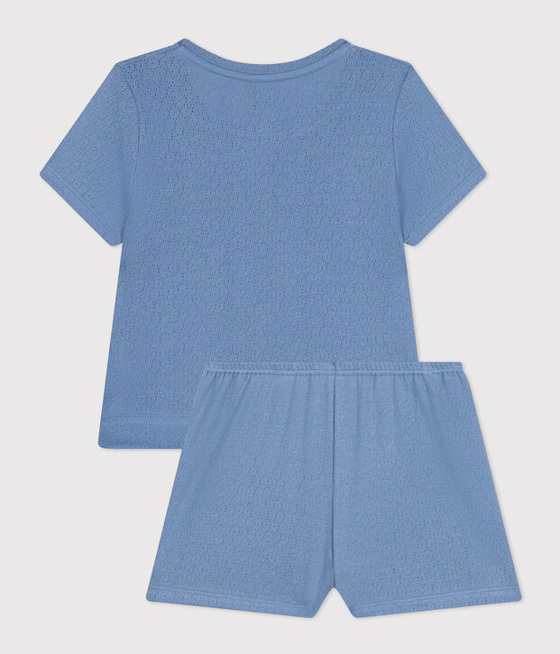 Pijama corto y liso de algod&oacute;n calado para ni&ntilde;a azul