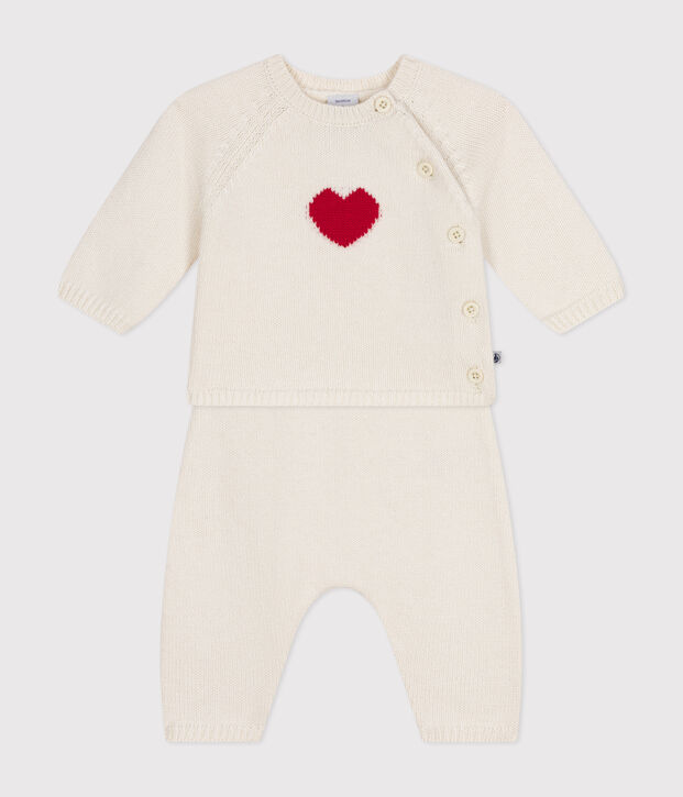 Conjunto de punto de lana y algod&oacute;n con motivo de coraz&oacute;n para beb&eacute; blanco/rojo