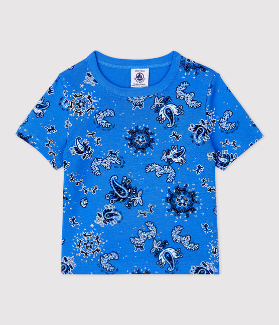 Camiseta de manga corta con estampado de bandana de algodón ecológico de bebé azul BRASIER/blanco MULTICO