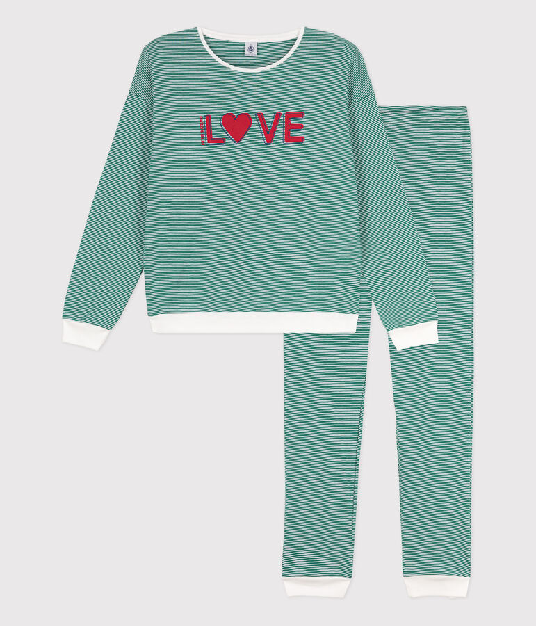 Pijama milrayas de algod&oacute;n de mujer verde/blanco