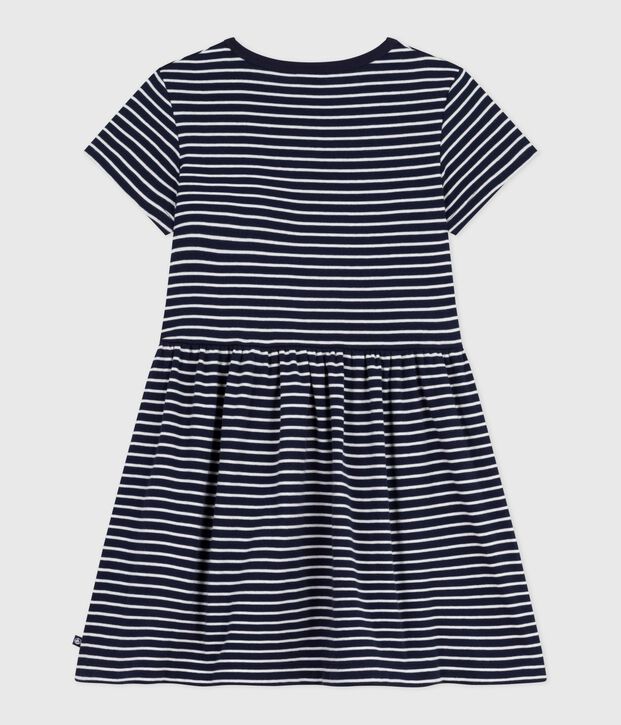 Vestido infantil de algod&oacute;n de manga corta a rayas azul/blanco