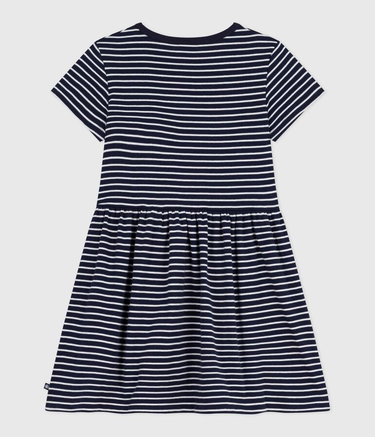 Vestido infantil de algod&oacute;n de manga corta a rayas azul/blanco