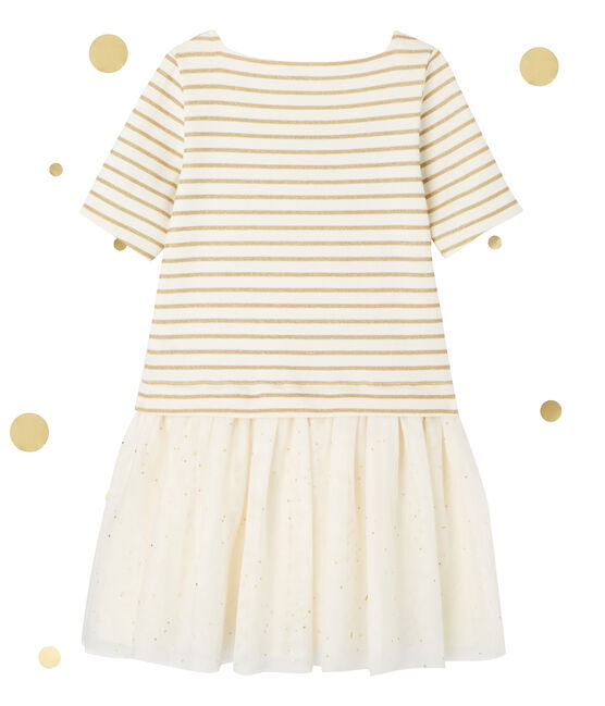 Vestido bi-materia de rayas brillantes beige COQUILLE/amarillo LUREX DORE
