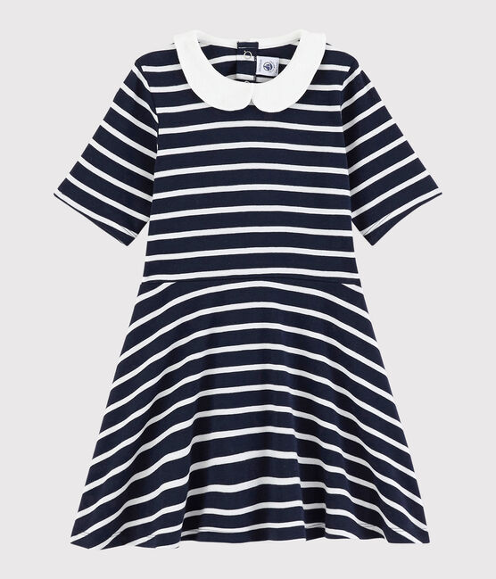 Vestido de manga corta de algodón de niña azul SMOKING/blanco MARSHMALLOW
