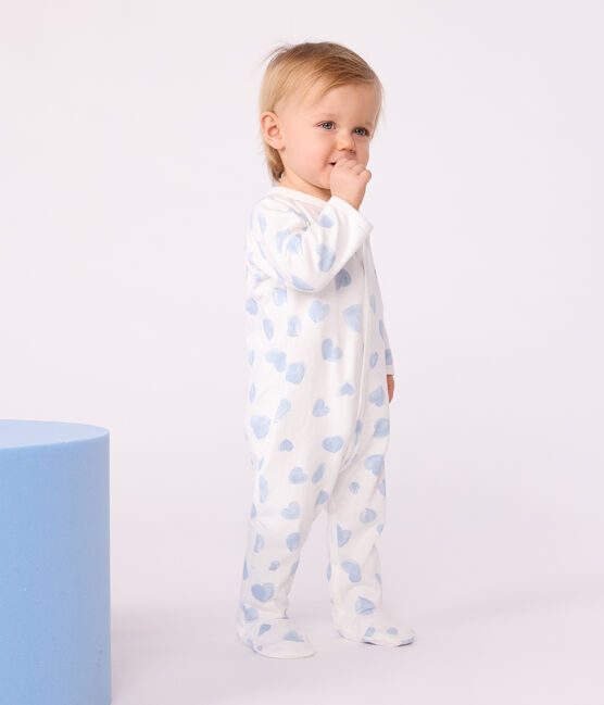 Pijama de felpa cepillada con cuello estampado de corazones para bebé MARSHMALLOW/ ADRIATIC