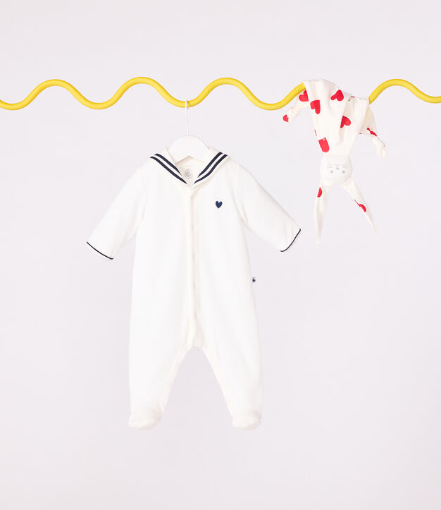 Pijama de beb&eacute; de Terciopelo liso con cuello tipo vareuse blanco