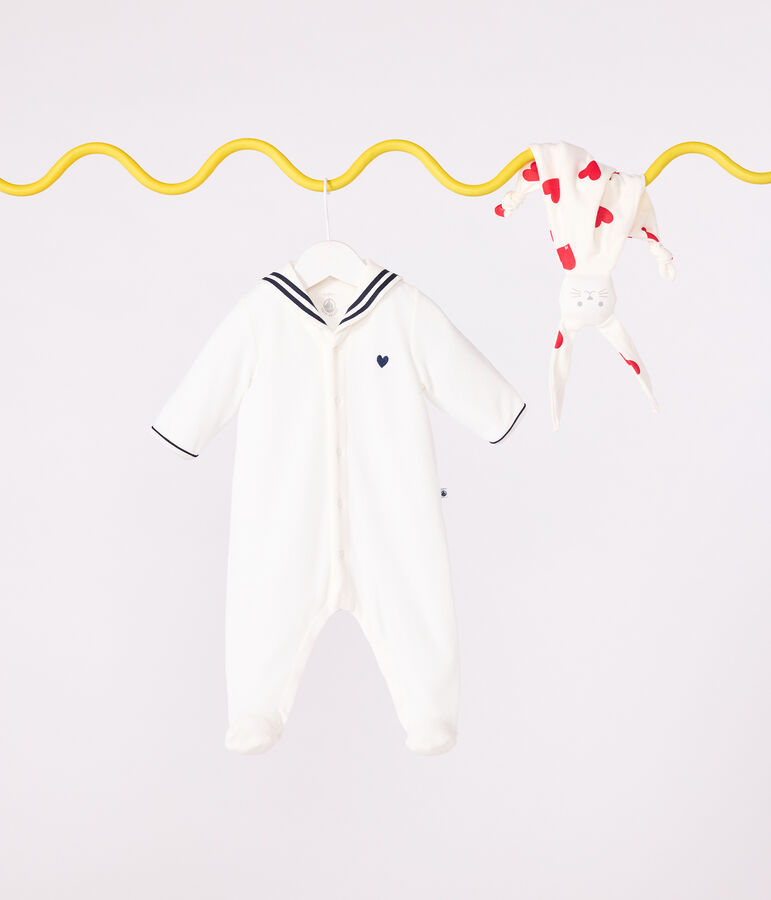 Pijama de terciopelo con cuello de uniforme para beb&eacute; blanco